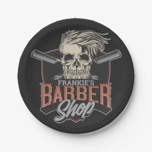 Personalized Barber Shop Hipster Skull and Razors Paper Plates