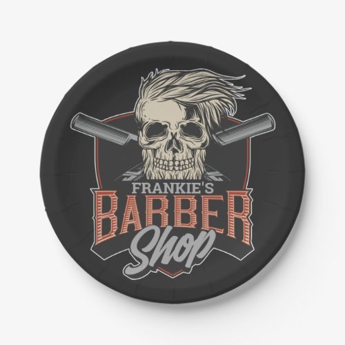 Personalized Barber Shop Hipster Skull and Razors  Paper Plates