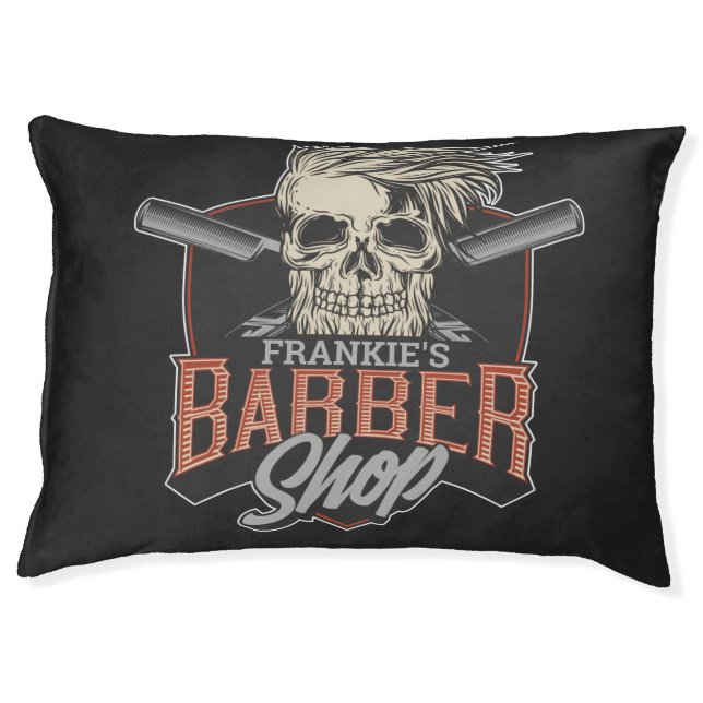 Personalized Barber Shop Hipster Skull and Razors Pet Bed (Front)