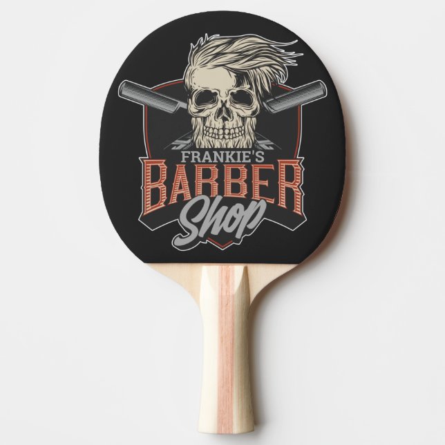 Personalized Barber Shop Hipster Skull and Razors Ping Pong Paddle (Front)