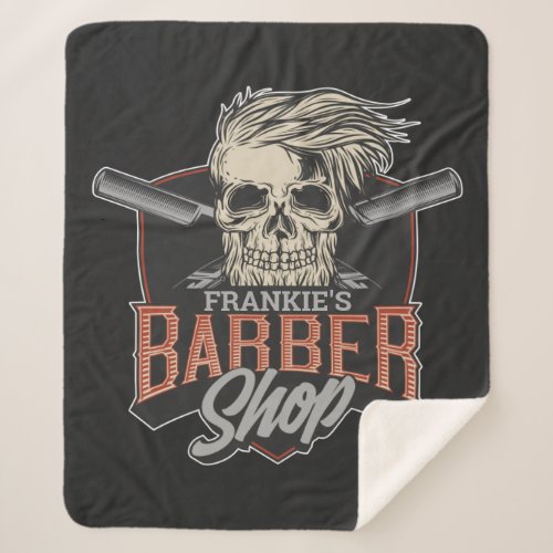Personalized Barber Shop Hipster Skull and Razors Sherpa Blanket