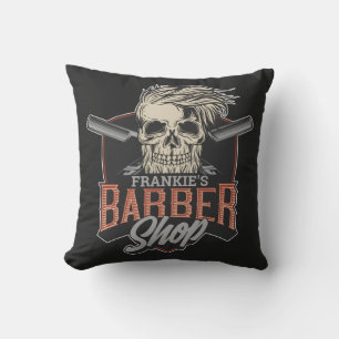 Personalized Barber Shop Hipster Skull and Razors Throw Pillow