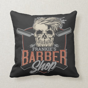 Personalized Barber Shop Hipster Skull and Razors Throw Pillow