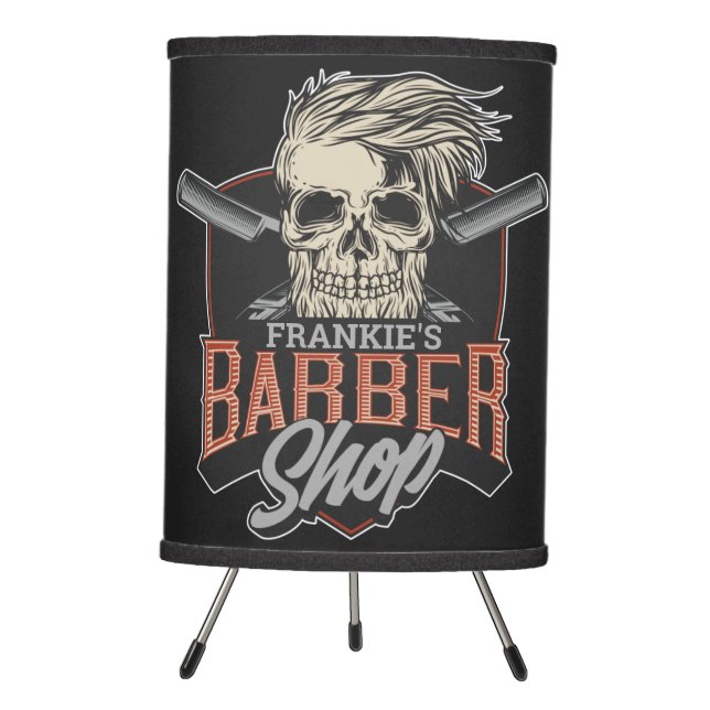 Personalized Barber Shop Hipster Skull and Razors  Tripod Lamp (Front)