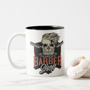 Personalized Barber Shop Hipster Skull and Razors Two-Tone Coffee Mug