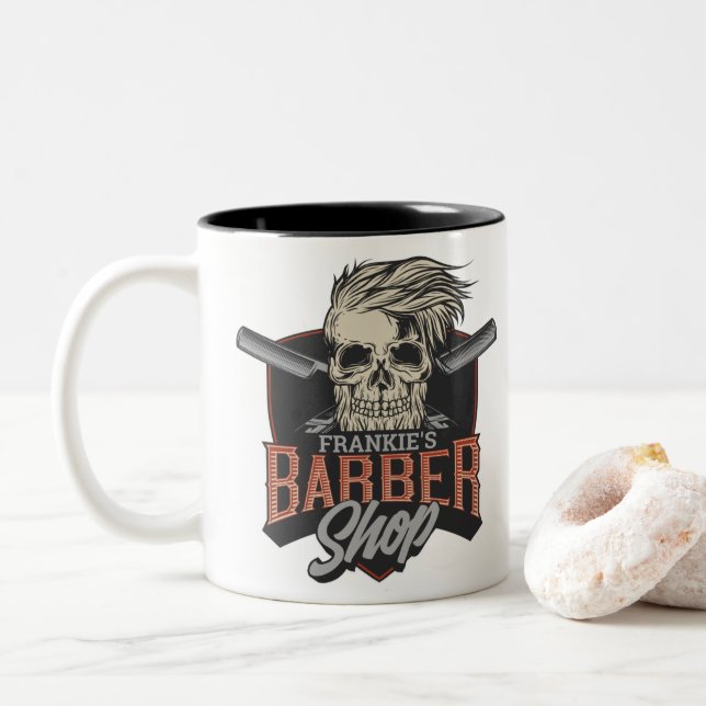 Personalized Barber Shop Hipster Skull and Razors Two-Tone Coffee Mug (With Donut)