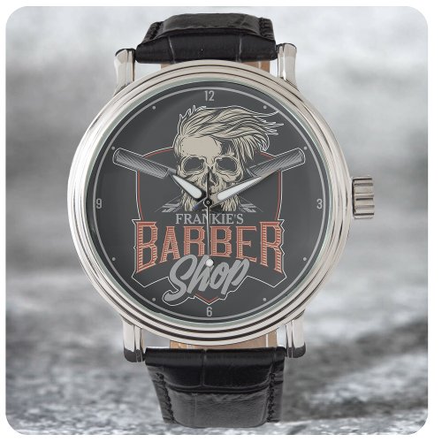 Personalized Barber Shop Hipster Skull and Razors Watch