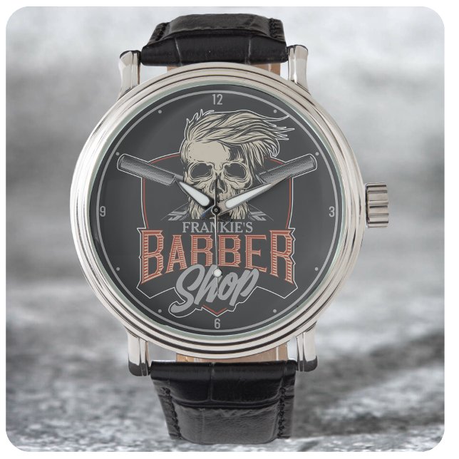 Personalized Barber Shop Hipster Skull and Razors Watch (Creator Uploaded)