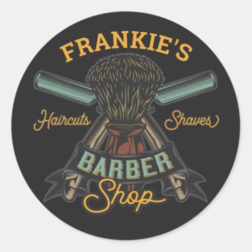 Personalized Barber Shop Retro Haircuts Shaves Classic Round Sticker
