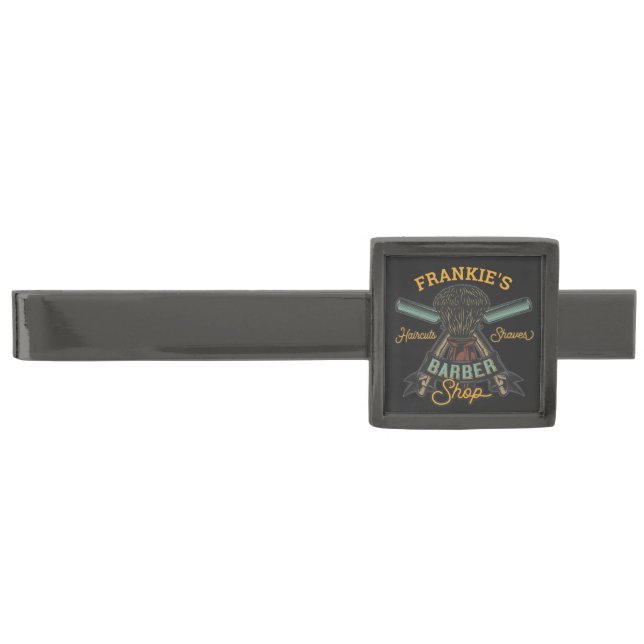 Personalized Barber Shop Retro Haircuts Shaves Gunmetal Finish Tie Bar (Front)