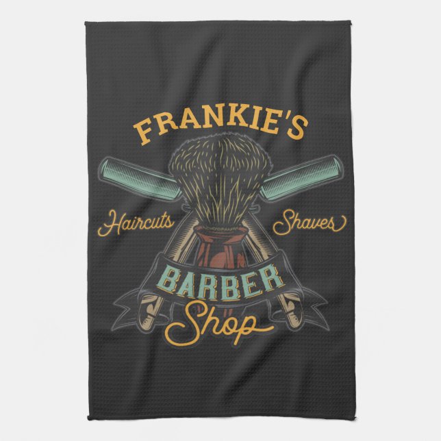 Personalized Barber Shop Retro Haircuts Shaves Kitchen Towel (Vertical)