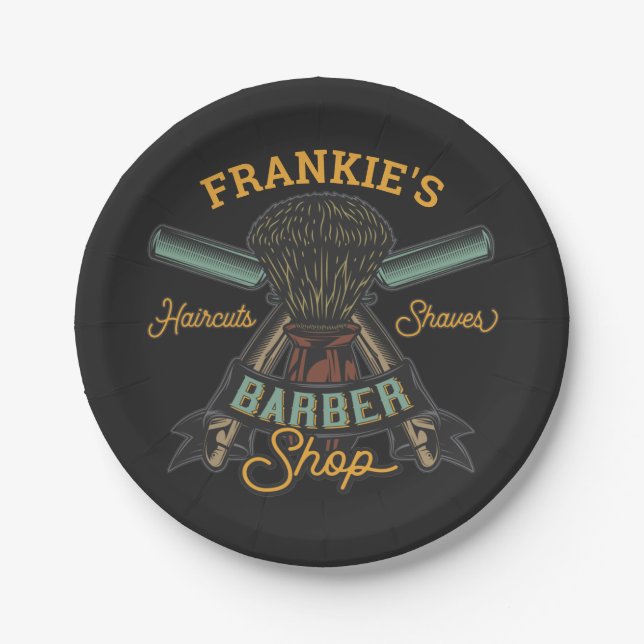 Personalized Barber Shop Retro Haircuts Shaves Paper Plates (Front)