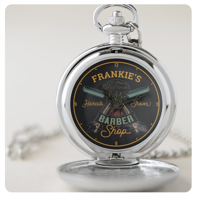 Personalized Barber Shop Retro Haircuts Shaves Pocket Watch (Creator Uploaded)
