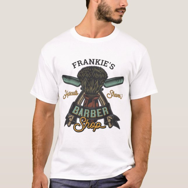 Personalized Barber Shop Retro Haircuts Shaves  T-Shirt (Front)