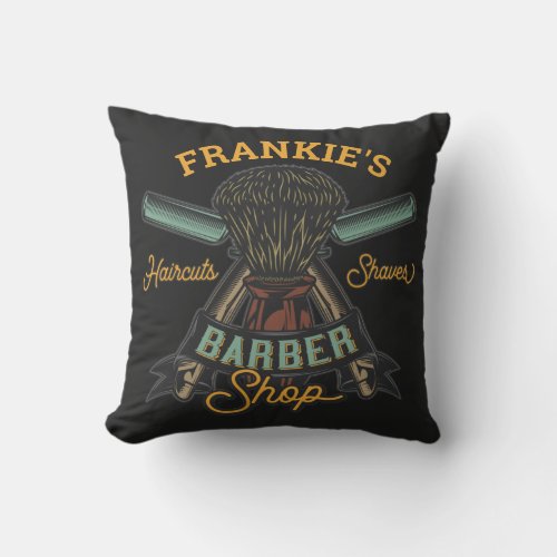 Personalized Barber Shop Retro Haircuts Shaves Throw Pillow