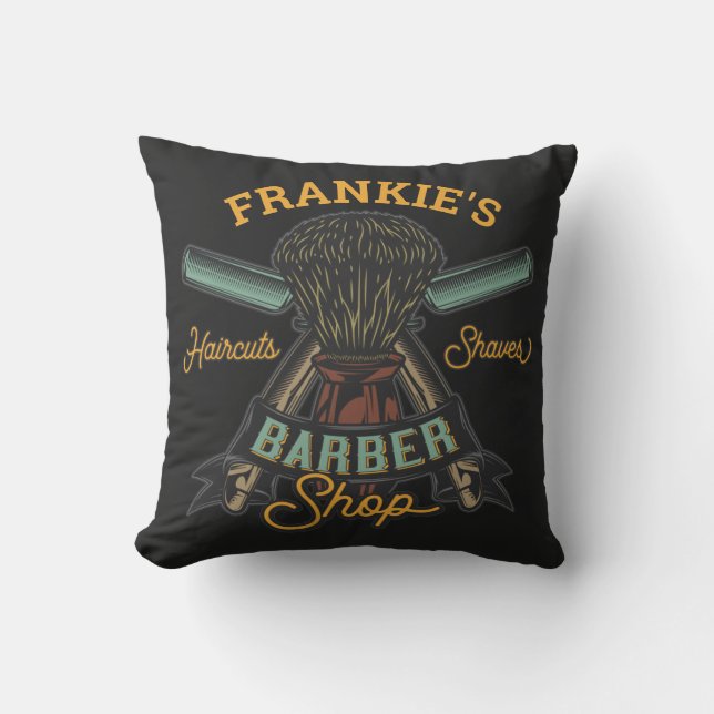 Personalized Barber Shop Retro Haircuts Shaves Throw Pillow (Front)