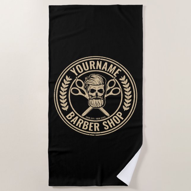 Personalized Barber Shop Skull Rockabilly Salon Beach Towel (Front)