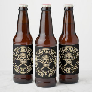 Personalized Barber Shop Skull Rockabilly Salon Beer Bottle Label