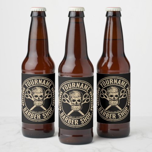 Personalized Barber Shop Skull Rockabilly Salon   Beer Bottle Label