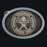 Personalized Barber Shop Skull Rockabilly Salon  Belt Buckle<br><div class="desc">Personalized Barber Shop Rockabilly Skull and Scissors,  featuring bearded hipster skeleton hair salon design. Customize with your Name or Custom Text.</div>