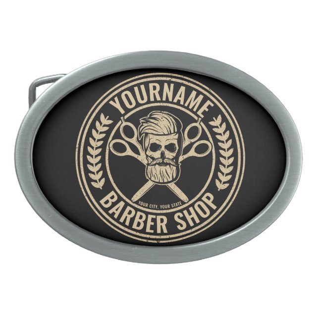 Personalized Barber Shop Skull Rockabilly Salon  Belt Buckle (Front)