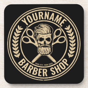 Personalized Barber Shop Skull Rockabilly Salon Beverage Coaster