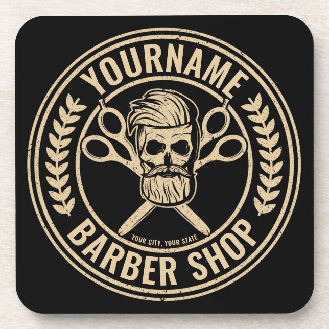 Personalized Barber Shop Skull Rockabilly Salon Beverage Coaster (Front)
