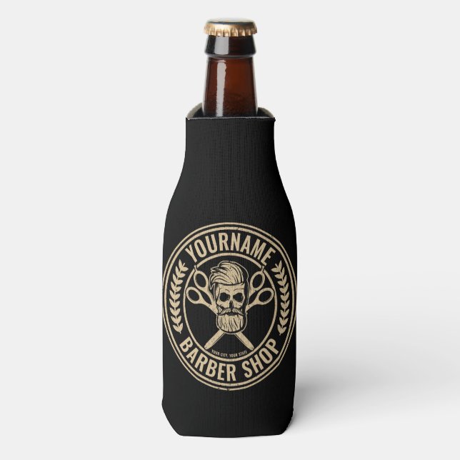 Personalized Barber Shop Skull Rockabilly Salon  Bottle Cooler (Bottle Front)