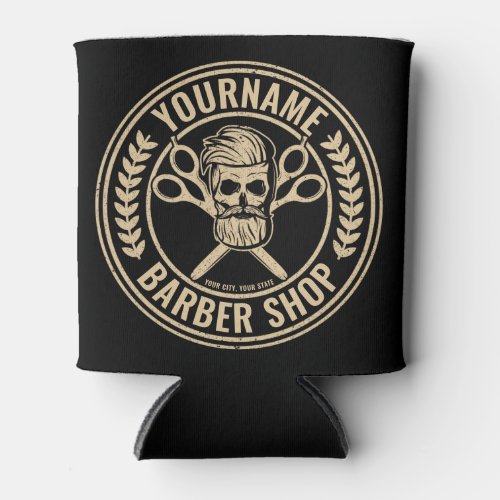Personalized Barber Shop Skull Rockabilly Salon   Can Cooler