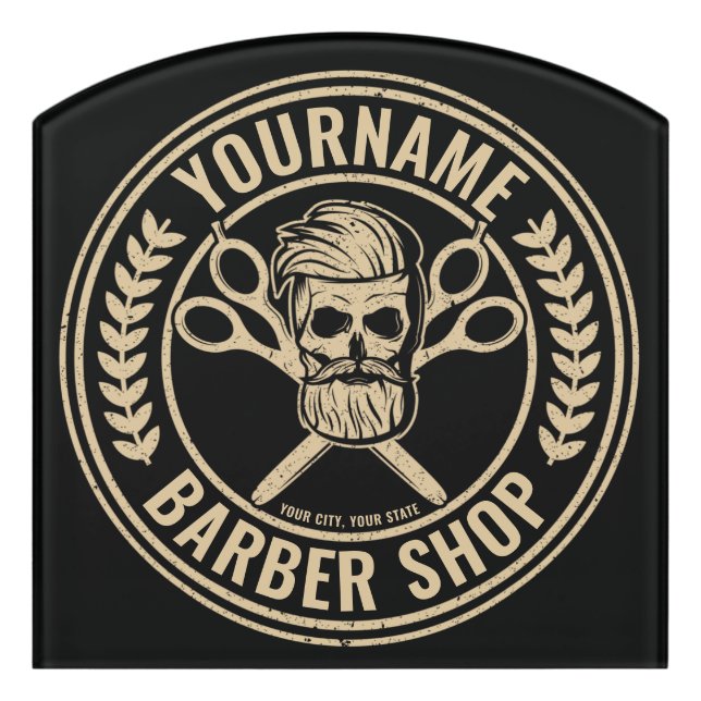 Personalized Barber Shop Skull Rockabilly Salon   Door Sign (Contour Front)