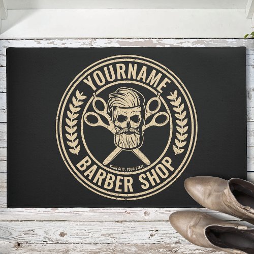 Personalized Barber Shop Skull Rockabilly Salon Doormat
