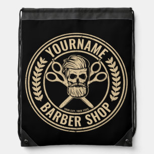 Personalized Barber Shop Skull Rockabilly Salon Drawstring Bag