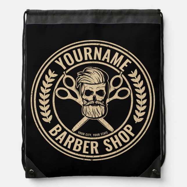 Personalized Barber Shop Skull Rockabilly Salon   Drawstring Bag (Front)