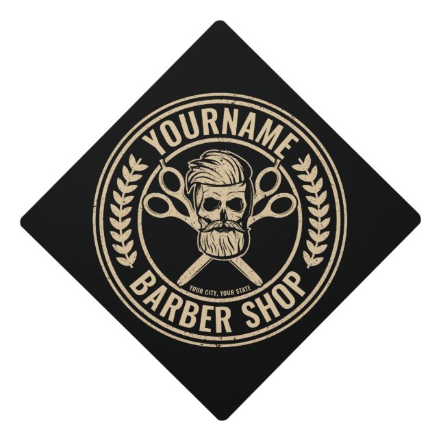 Personalized Barber Shop Skull Rockabilly Salon  Graduation Cap Topper (Front)