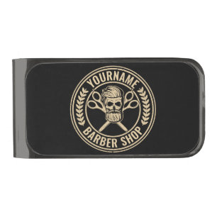Personalized Barber Shop Skull Rockabilly Salon   Gunmetal Finish Money Clip