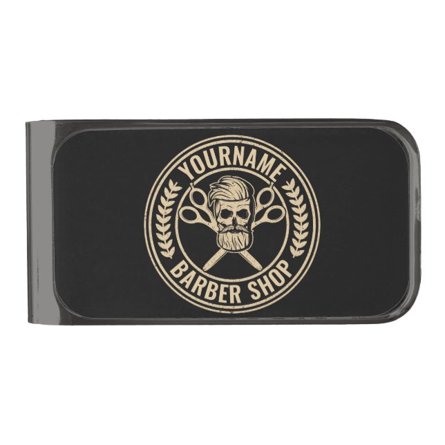 Personalized Barber Shop Skull Rockabilly Salon   Gunmetal Finish Money Clip (Front)