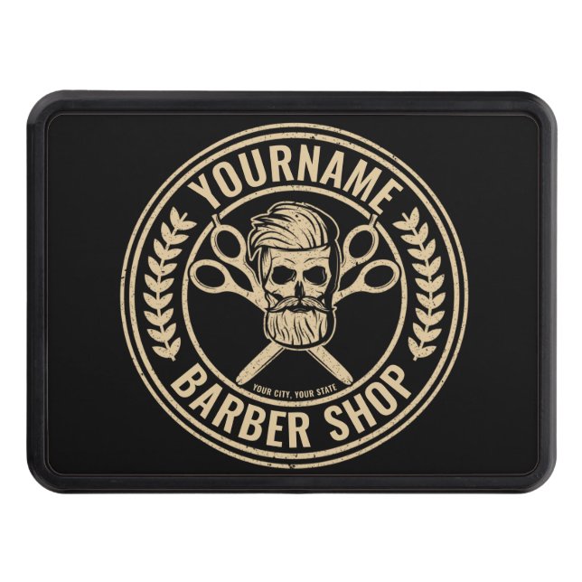 Personalized Barber Shop Skull Rockabilly Salon  Hitch Cover (Front)