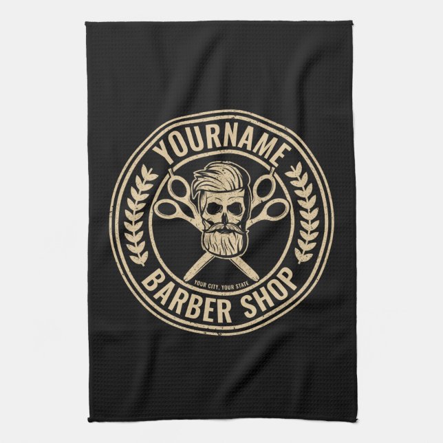 Personalized Barber Shop Skull Rockabilly Salon  Kitchen Towel (Vertical)