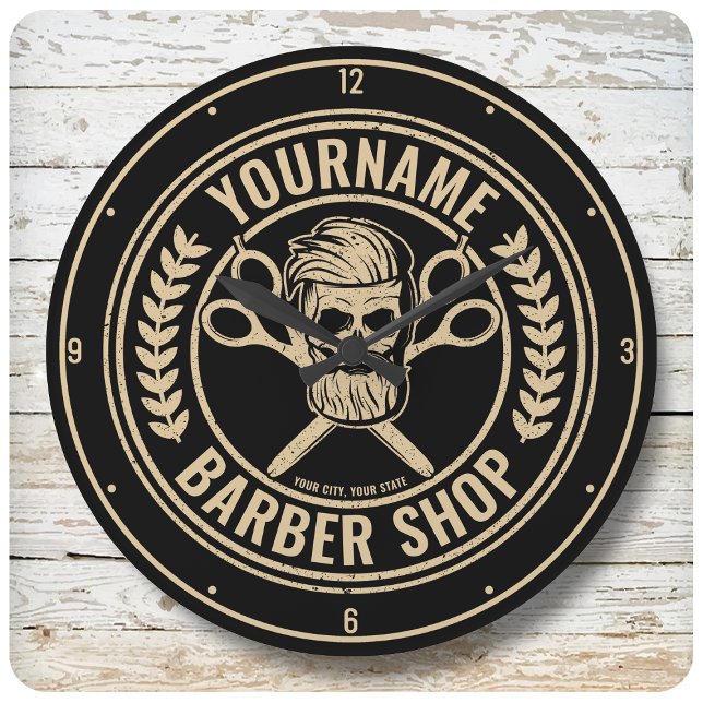 Personalized Barber Shop Skull Rockabilly Salon Large Clock (Creator Uploaded)