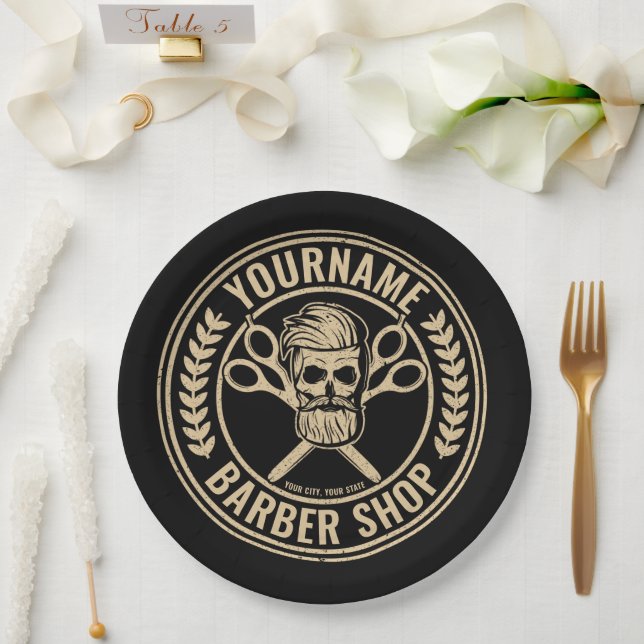 Personalized Barber Shop Skull Rockabilly Salon   Paper Plates (Wedding)