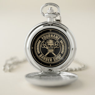 Personalized Barber Shop Skull Rockabilly Salon Pocket Watch