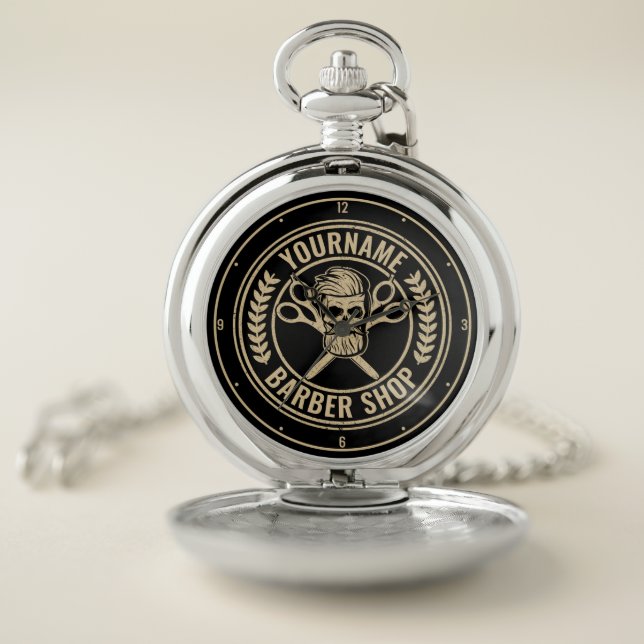 Personalized Barber Shop Skull Rockabilly Salon Pocket Watch (Inside)