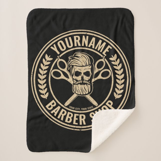Personalized Barber Shop Skull Rockabilly Salon  Sherpa Blanket (Front)