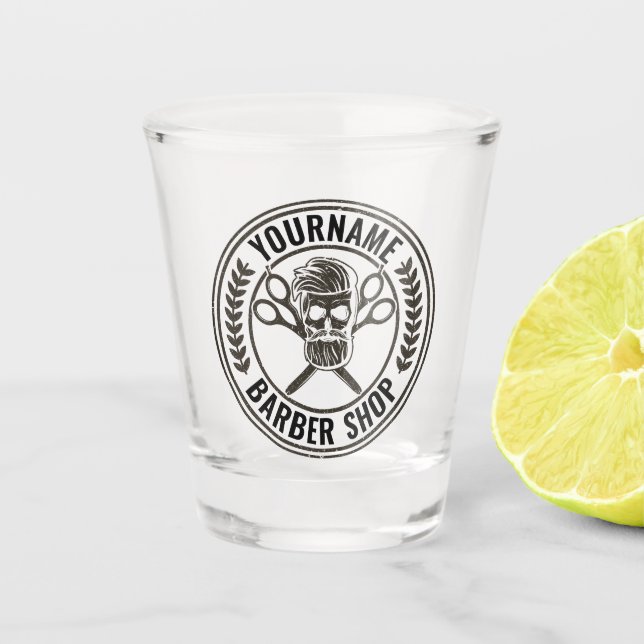 Personalized Barber Shop Skull Rockabilly Salon   Shot Glass (Front)