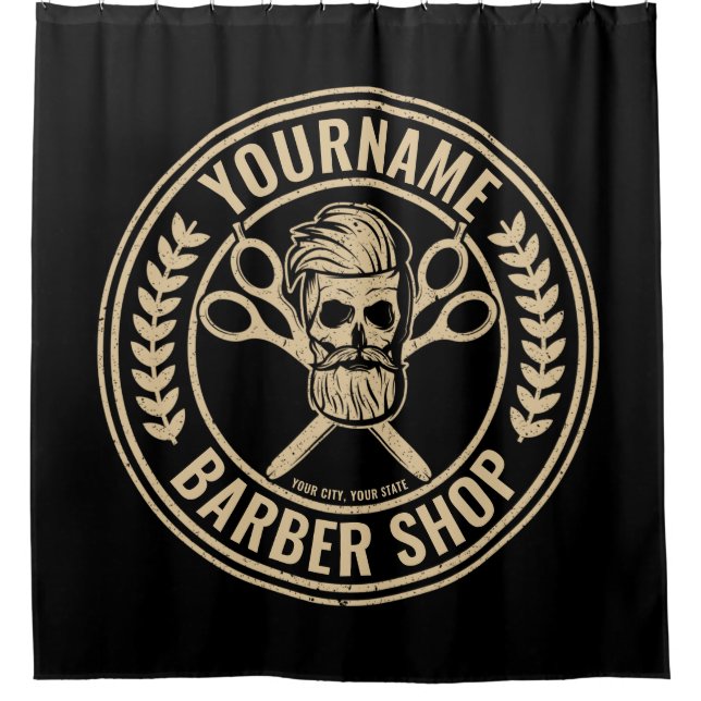 Personalized Barber Shop Skull Rockabilly Salon Shower Curtain (Front)