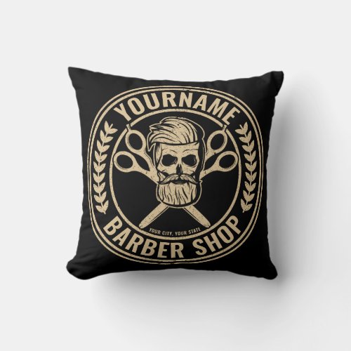 Personalized Barber Shop Skull Rockabilly Salon  Throw Pillow