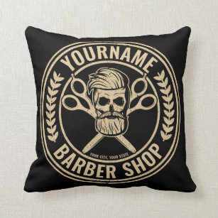 Personalized Barber Shop Skull Rockabilly Salon  Throw Pillow