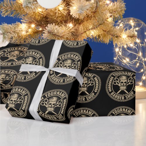 Personalized Barber Shop Skull Rockabilly Salon   Wrapping Paper