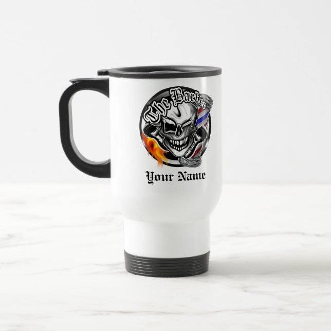 Personalized Barber Skull with Flaming Razor Mug (Left)