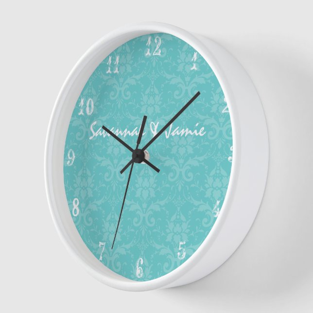 Personalized Baroque Aqua Damask Clock (Angle)